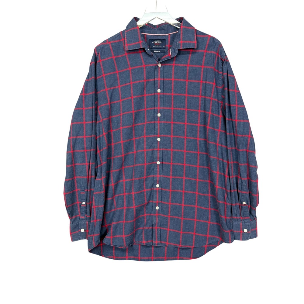 Charles Tyrwhitt Mens Button Down Shirt XL Navy Red Windowpane Classic Fit